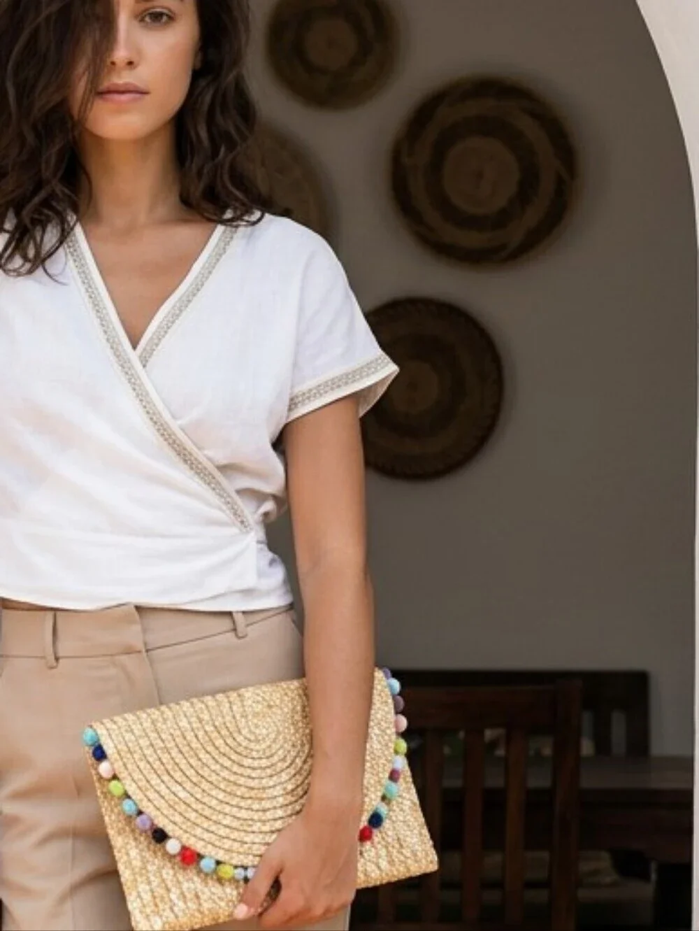 Women's Vintage Beige Summer Straw Clutch with Multi-color Pom Poms, One Size